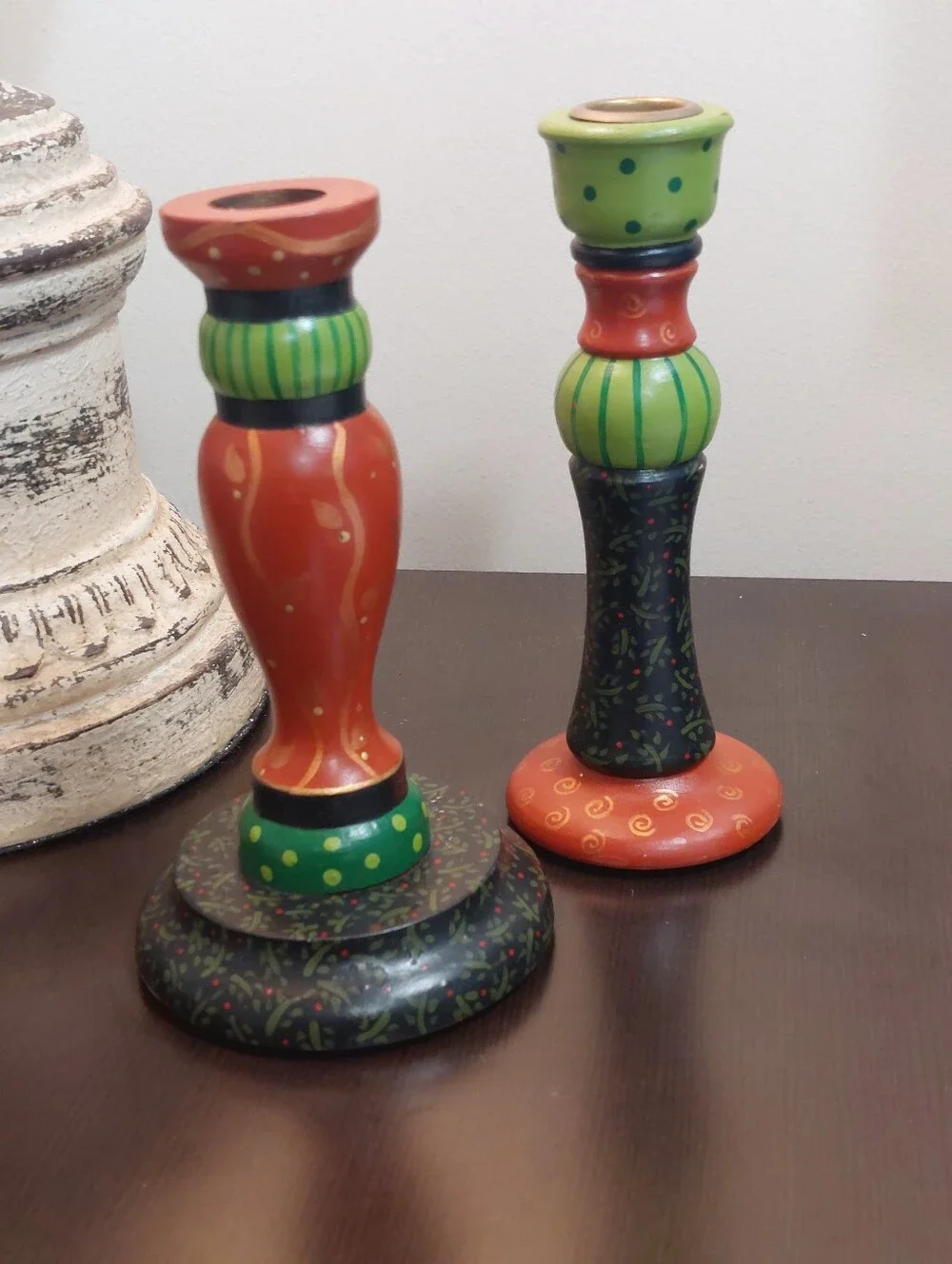 Folk Art Pair of Vintage Hand Painted Wooden Pillar Candle Holders 7